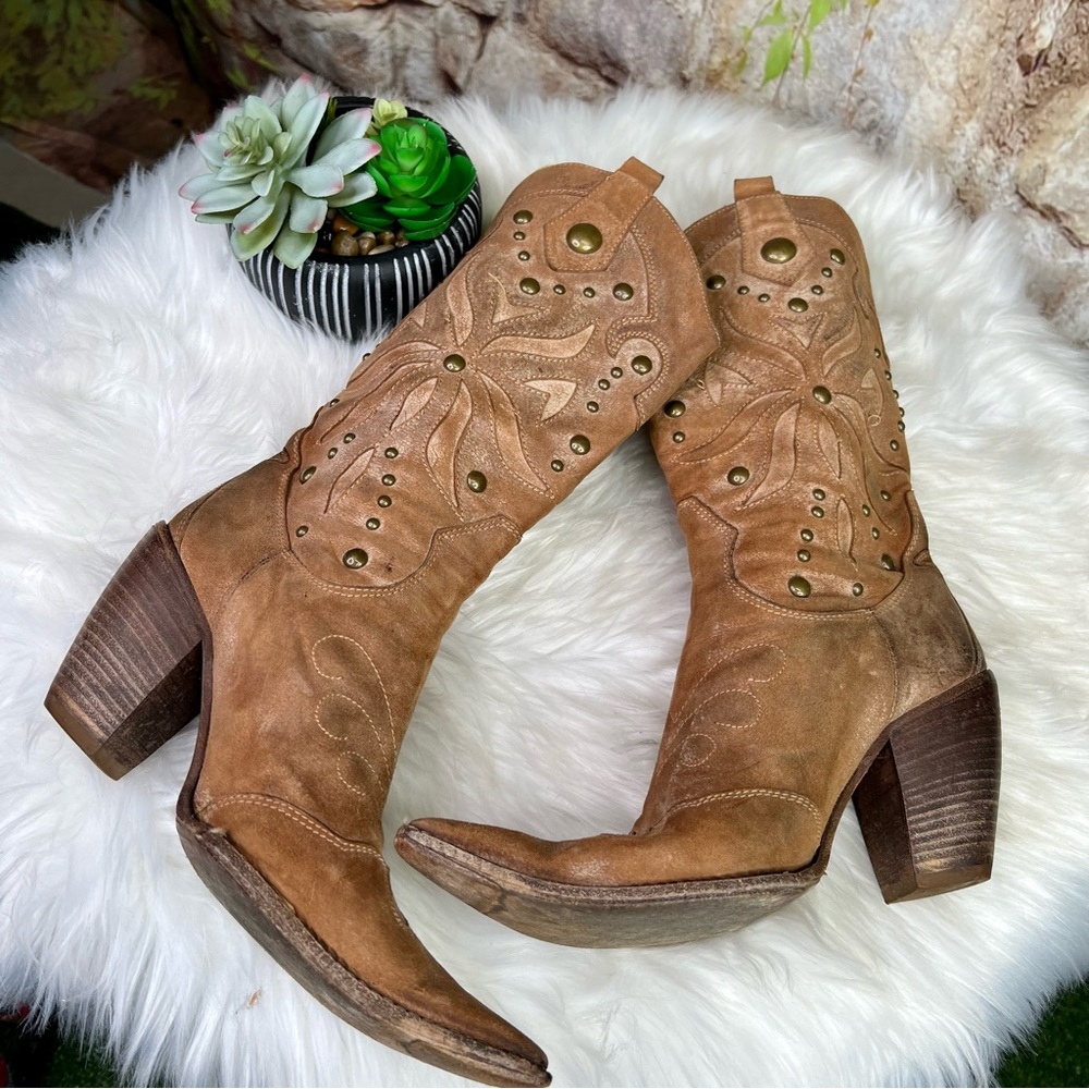MADE IN ITALY Distressed Western Suede Embellished Boots, 37 - Picture 6 of 15